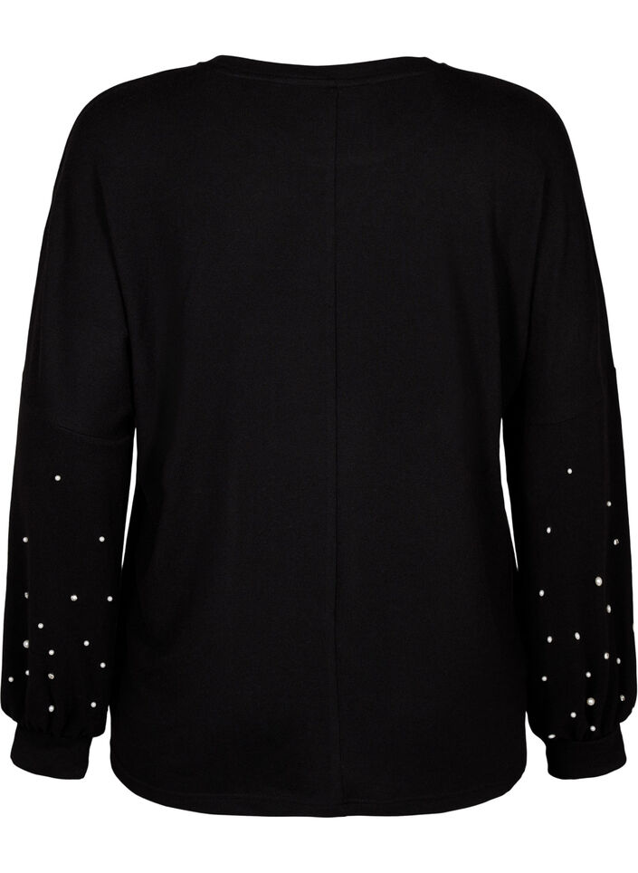 Solide gekleurde blouse met parels, Black, Packshot image number 1