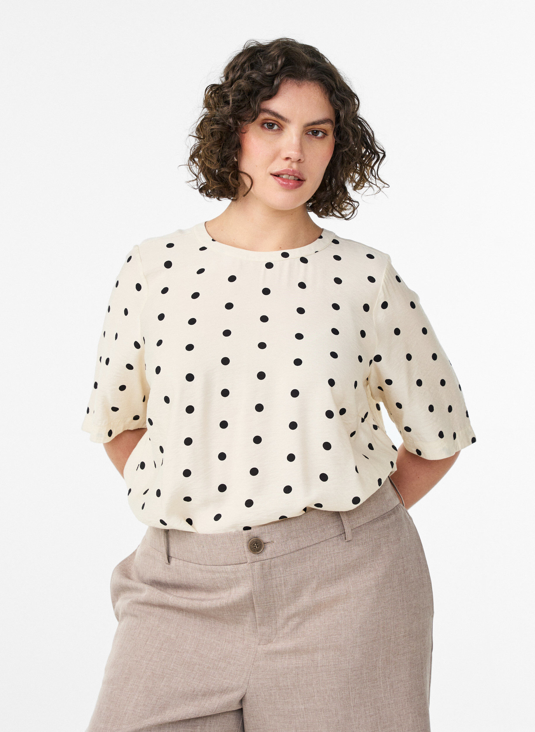 Viscose blouse met spots en mouwen 1/2, Vanille, Model