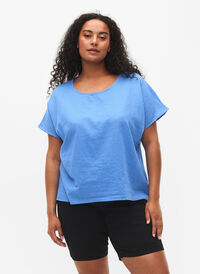 Katoenen blouse met korte mouwen van katoenmix met linnen, Ultramarine, Model
