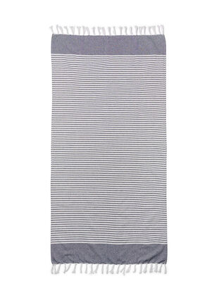 Gestreepte handdoek met franjes, Dark Blue Melange, Packshot image number 1