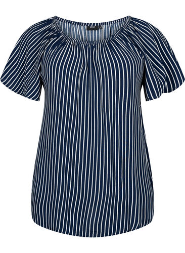 Effen blouse van viscose met korte mouwen, Navy B./White Stripe, Packshot image number 0