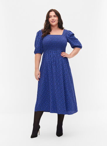 Gestippelde viscose jurk met smok, R.Blue w. Black Dot, Model image number 0