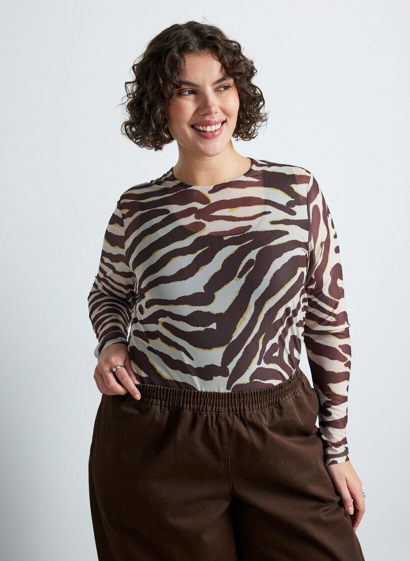 Mesh blouse met print, Bruin, Model image number 0