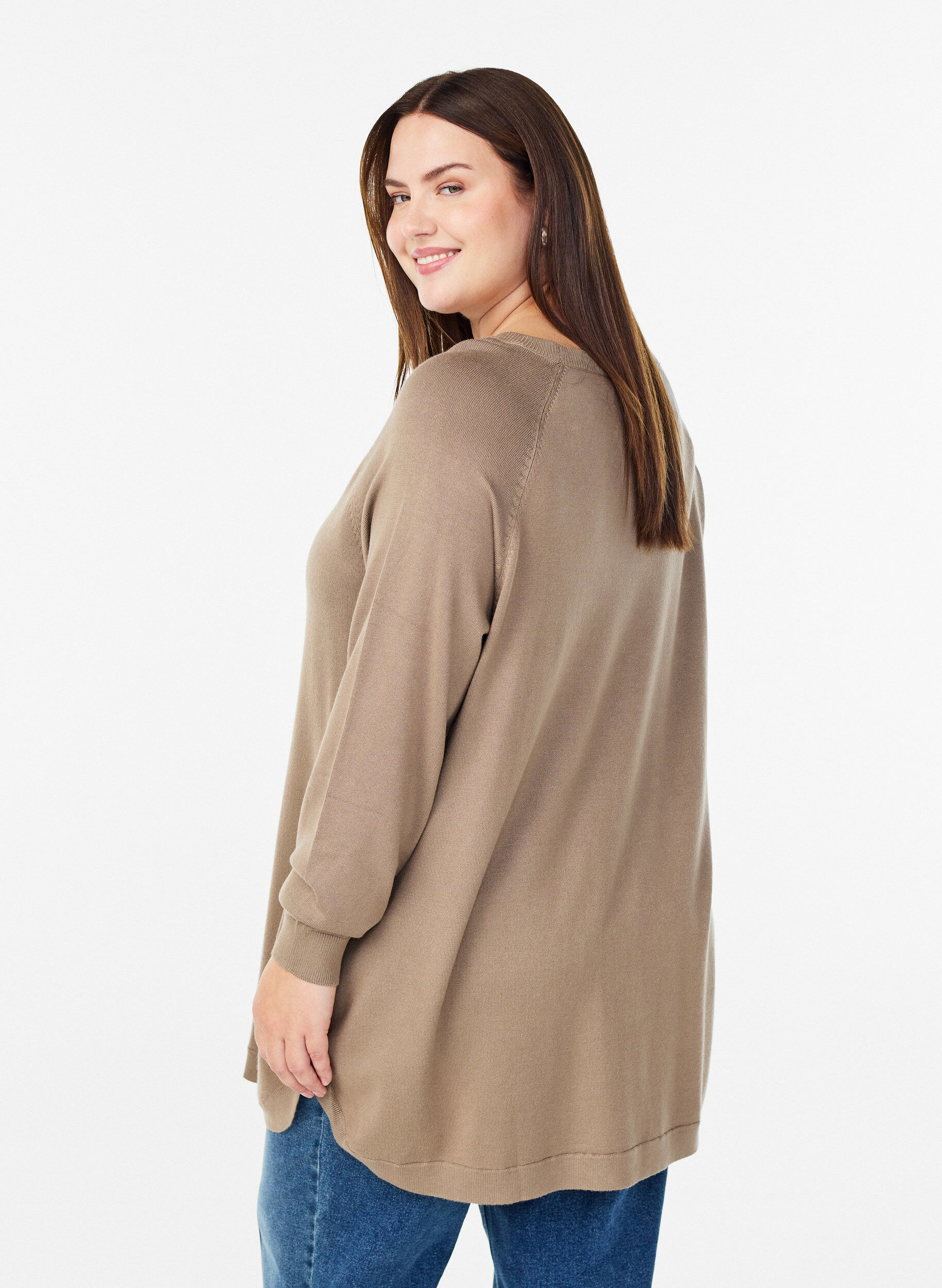 Zizzi Gebreide blouse met knoopjes aan de zijkant, Beige, Model image number 2