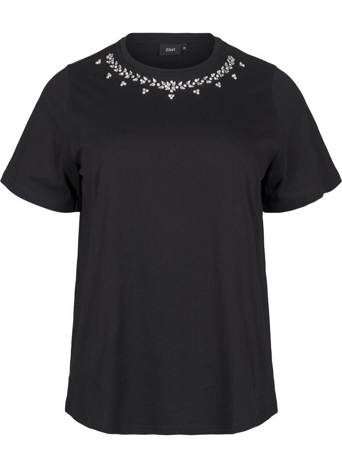 T-shirt met ronde hals en strass-steentjes, Black, Packshot image number 0