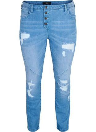 Slim fit Emily jeans met slijtage, Light blue, Packshot image number 0