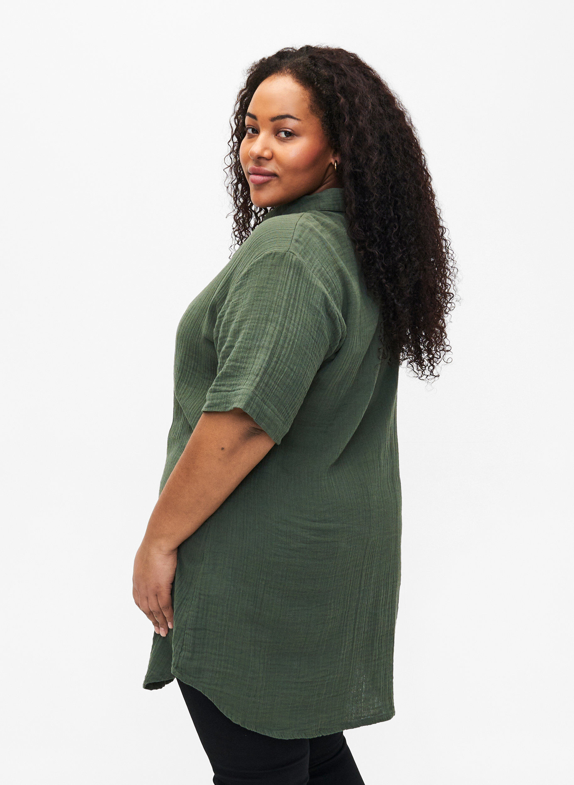 Zizzi Shirt met korte mouwen en knopen, Thyme, Model image number 1