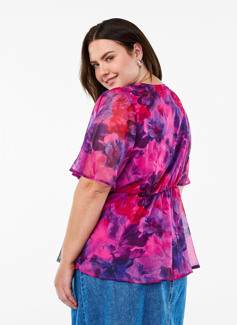 Bloemen chiffon blouse met korte mouwen, Rood, Model image number 2