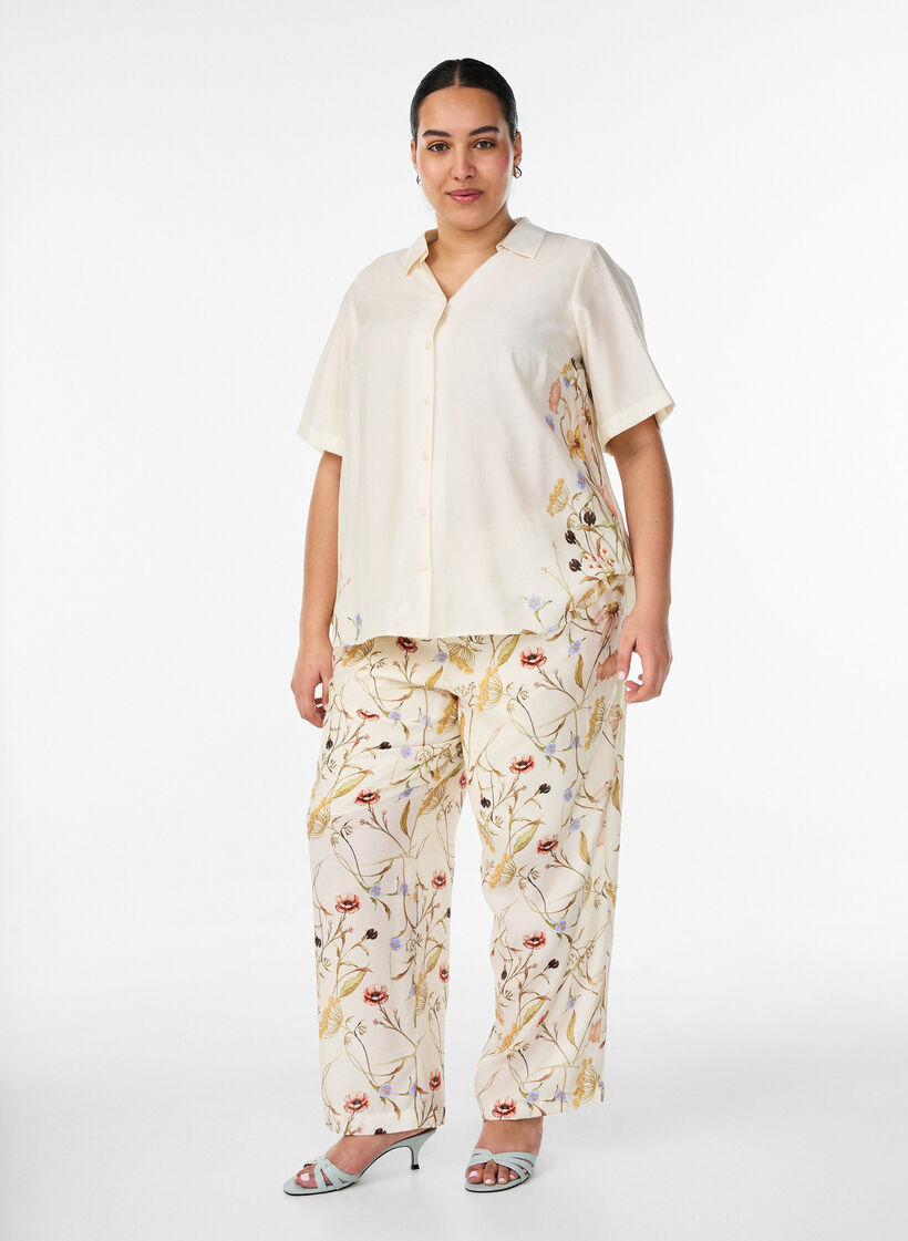 High-waist viscose broek met bloemenprint, Beige, Model image number 0