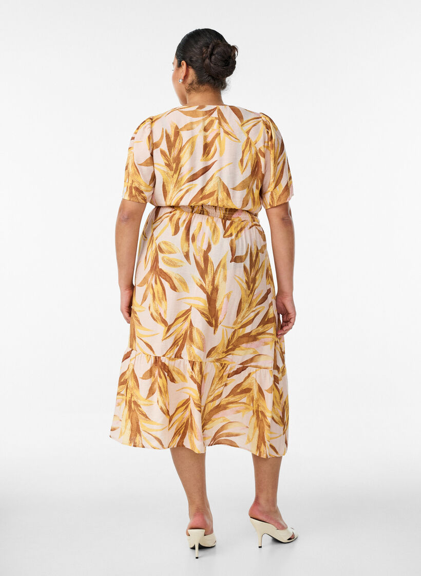 Viscose midijurk met bladprint en gesmokte taille, Geel, Model image number 1