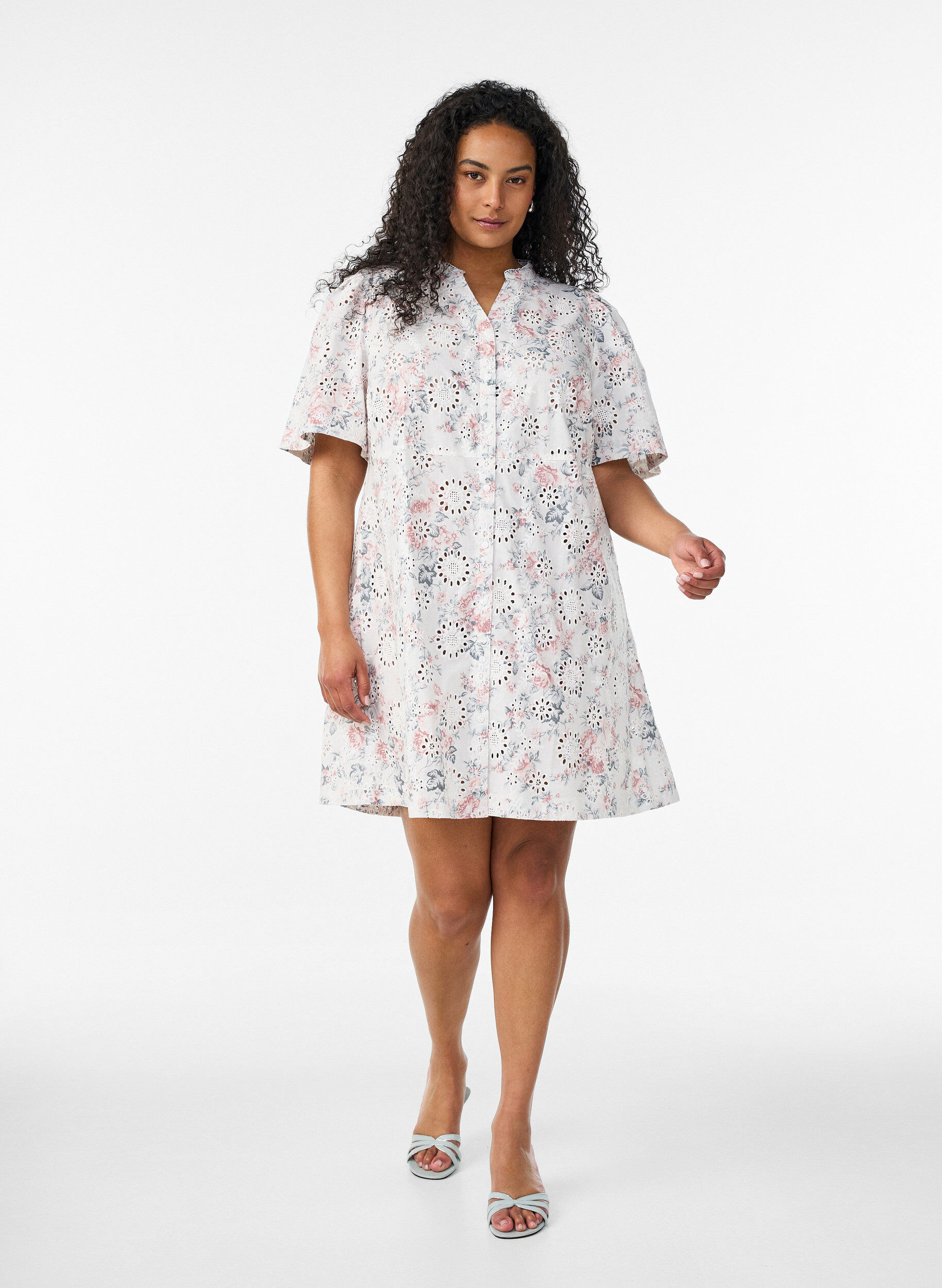 ZizziKatoenen jurk met bloemenprint en broderie anglaise, Vanille, Model image number 1
