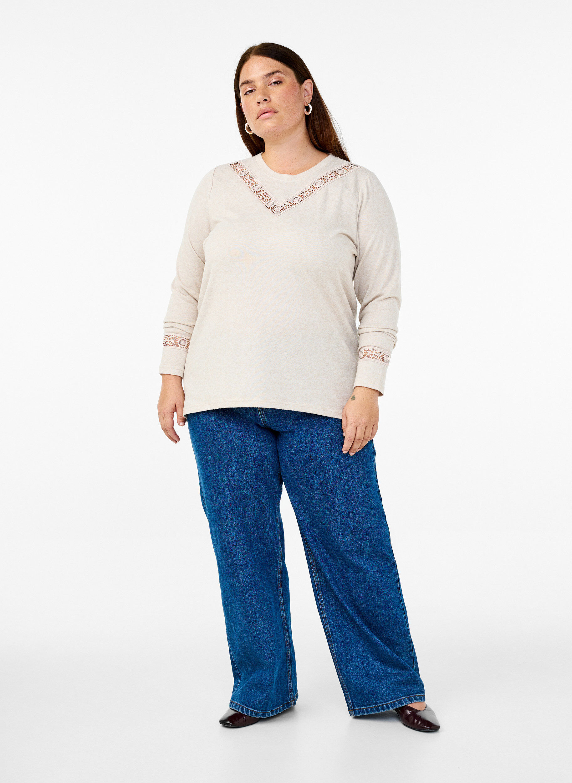 Zizzi Blouse met geborduurde details en lange mouwen, Beige, Model image number 1