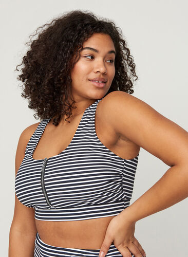 Gestreepte bikini top met rits, Navy Striped, Model image number 0