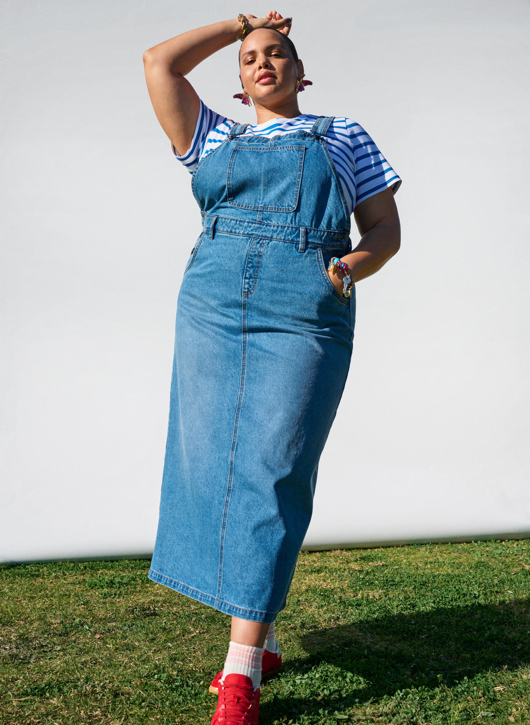 Zizzi Midi denim overall jurk, Blue Denim, Image image number 0