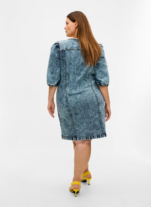 Denim jurk met pofmouwen, Medium Blue Denim, Model image number 1