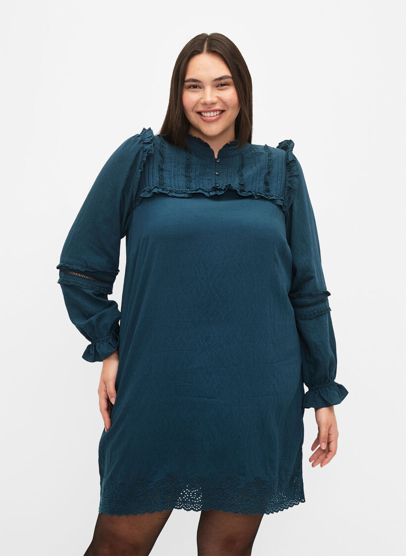 Viscose jurk met Engels borduurwerk en ruches, Reflecting Pond, Model image number 0