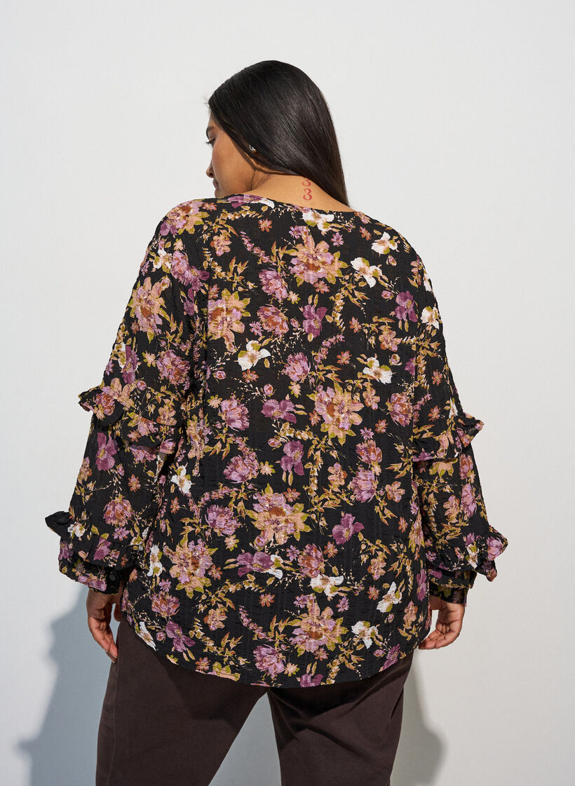 Blouse met bloemenprint en ruchesdetails, Zwart, Model image number 2