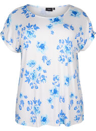 Viscose blouse met korte mouwen en bloemen, White Blue AOP