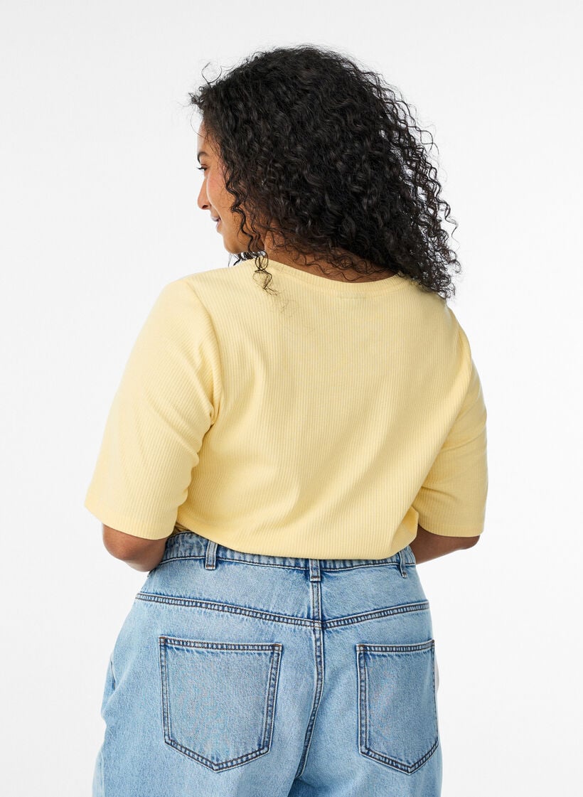 Geribde jersey blouse met korte mouwen, Geel, Model image number 2