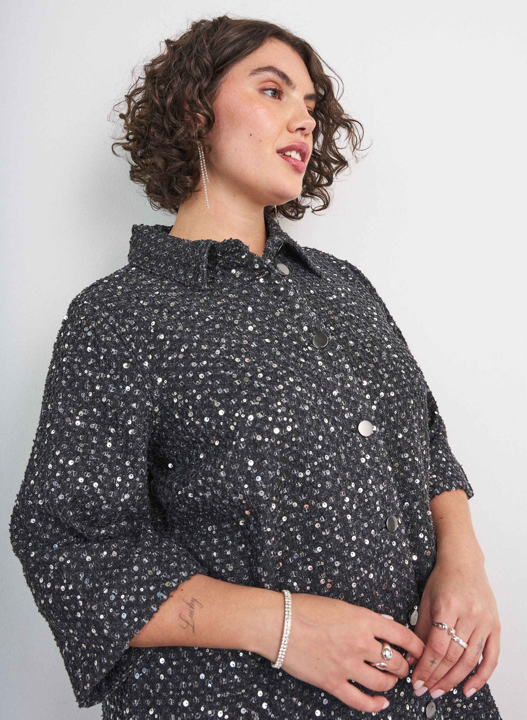 ZizziDenim jurk met pailletten en 3/4-mouwen, Zwart, Model image number 3