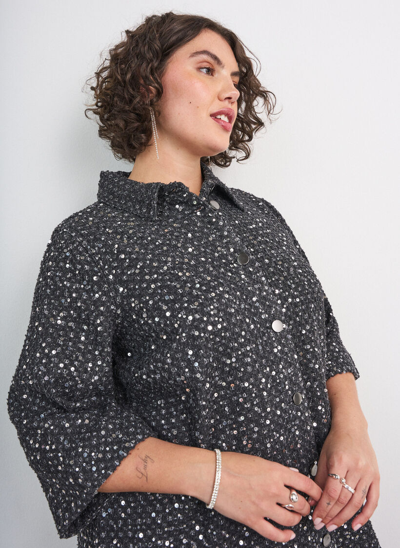 Denim jurk met pailletten en 3/4-mouwen, Zwart, Model image number 3