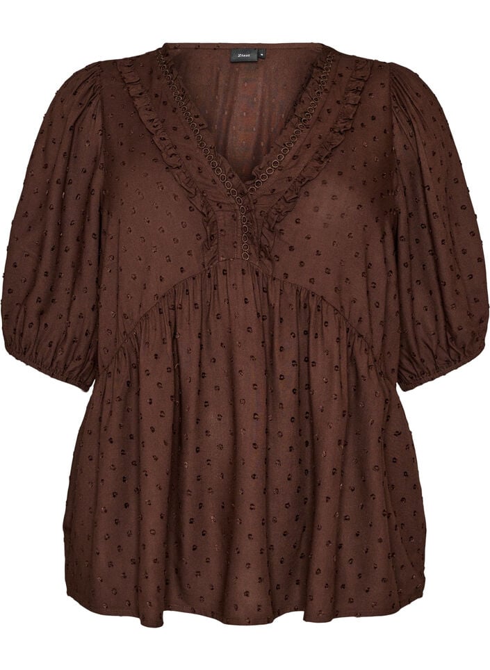 Viscose blouse met een stippenstructuur en V-hals, Bruin, Packshot image number 0
