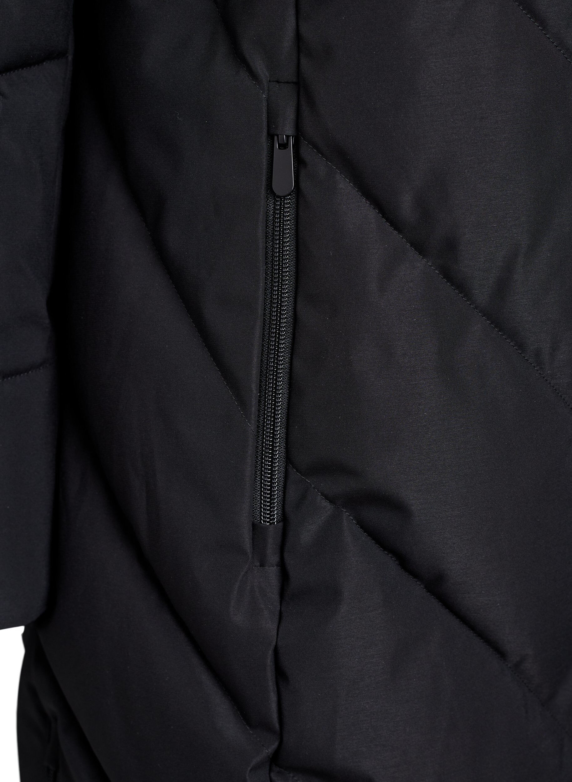 ZizziLange winterjas met haaksluitingen en een nep bontkraag, Zwart, Packshot image number 3