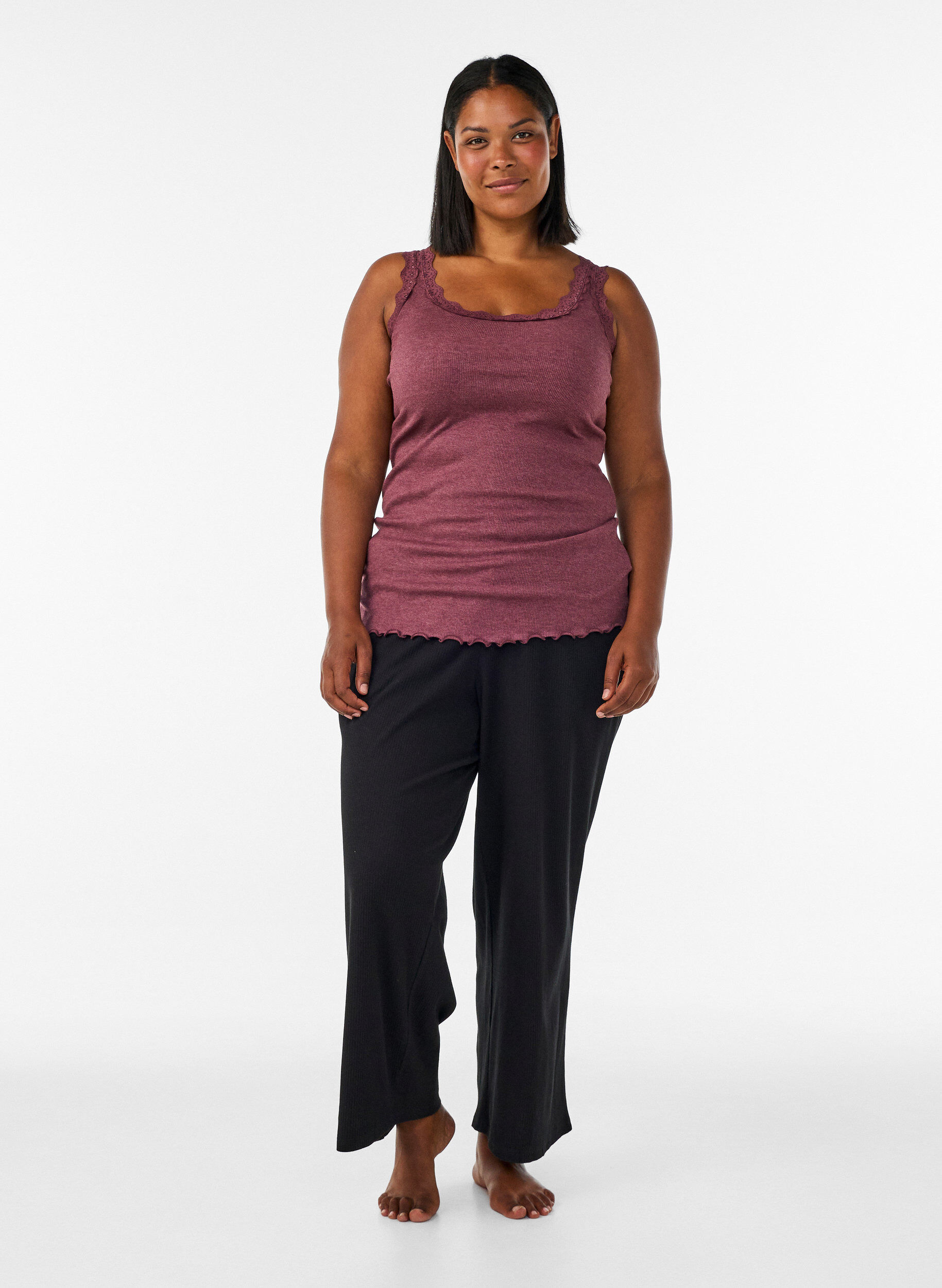ZizziGeribde top met kanten afwerking, Rood, Model image number 1