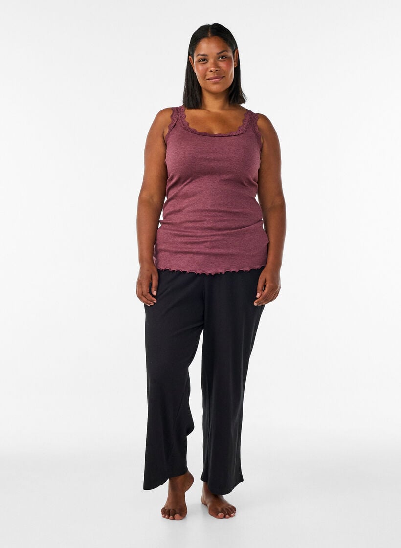 Geribde top met kanten afwerking, Rood, Model image number 1