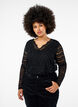 V-hals kanten blouse met voering, Black, Model image number 0