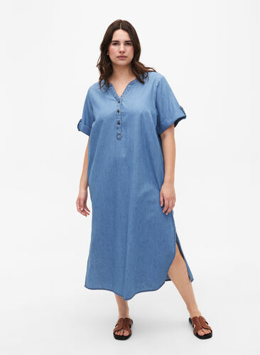 Denim jurk met split en korte mouwen, Blue denim, Model image number 0