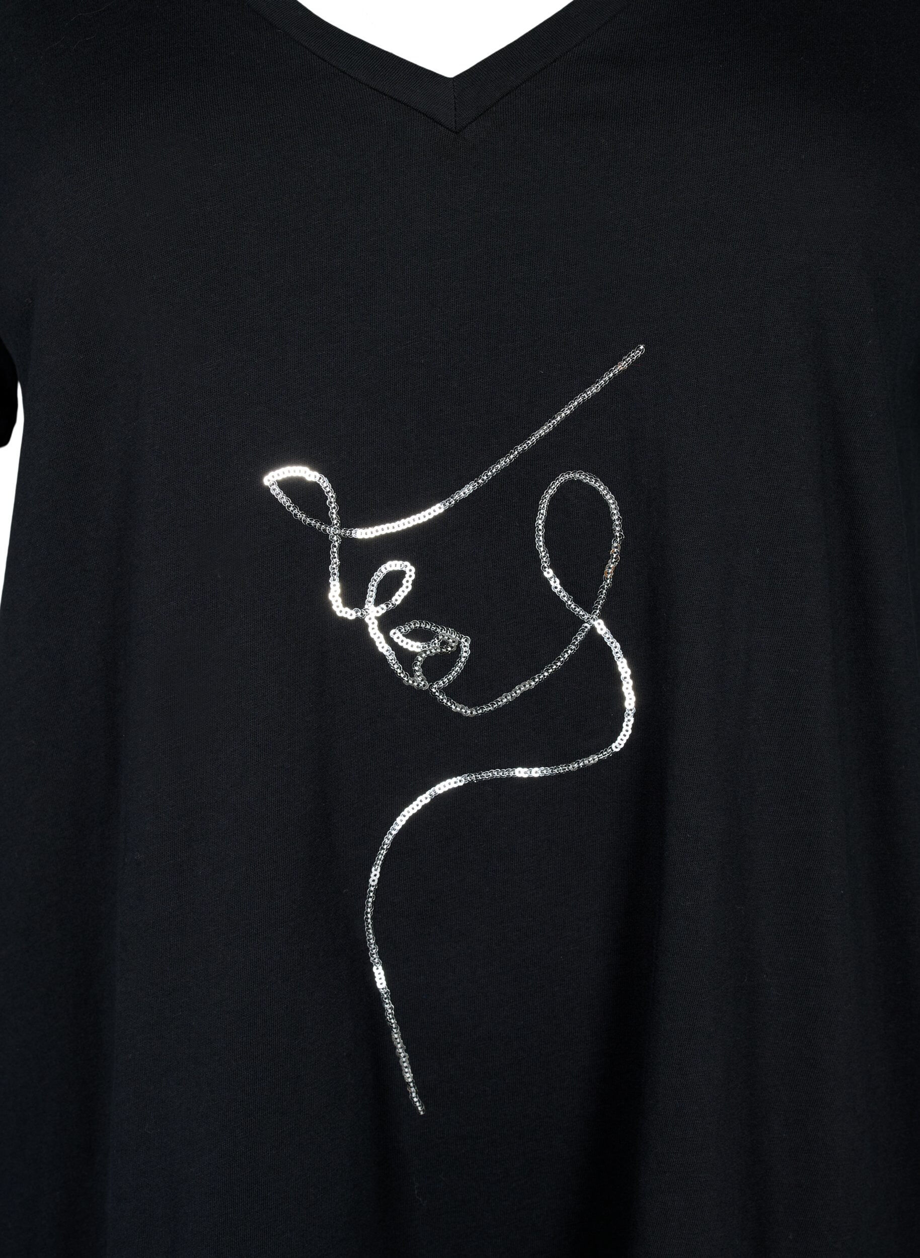 Zizzi Katoenen T-shirt met pailletten, Black W. Face, Packshot image number 2