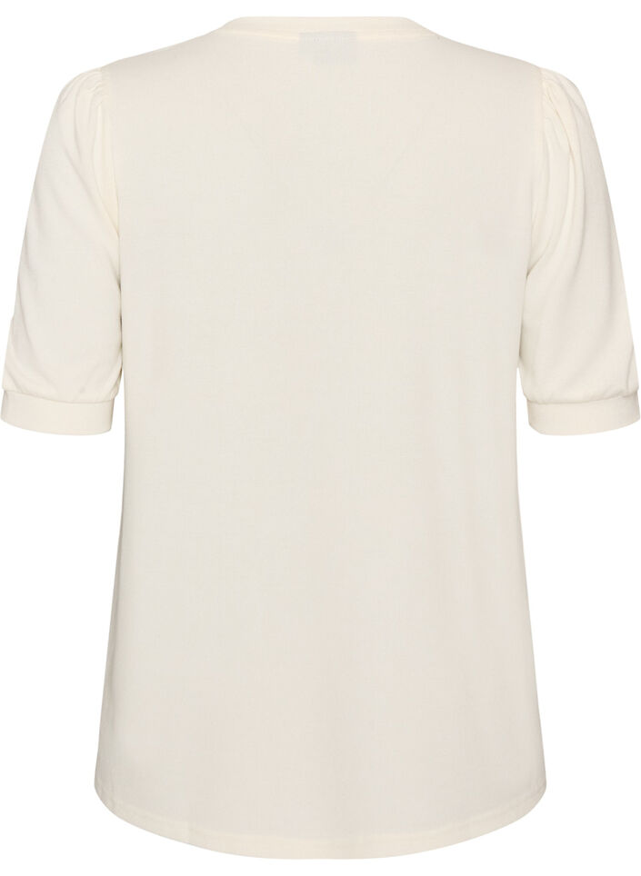 Blouse met knoopdetail en korte pofmouwen, Beige, Packshot image number 1