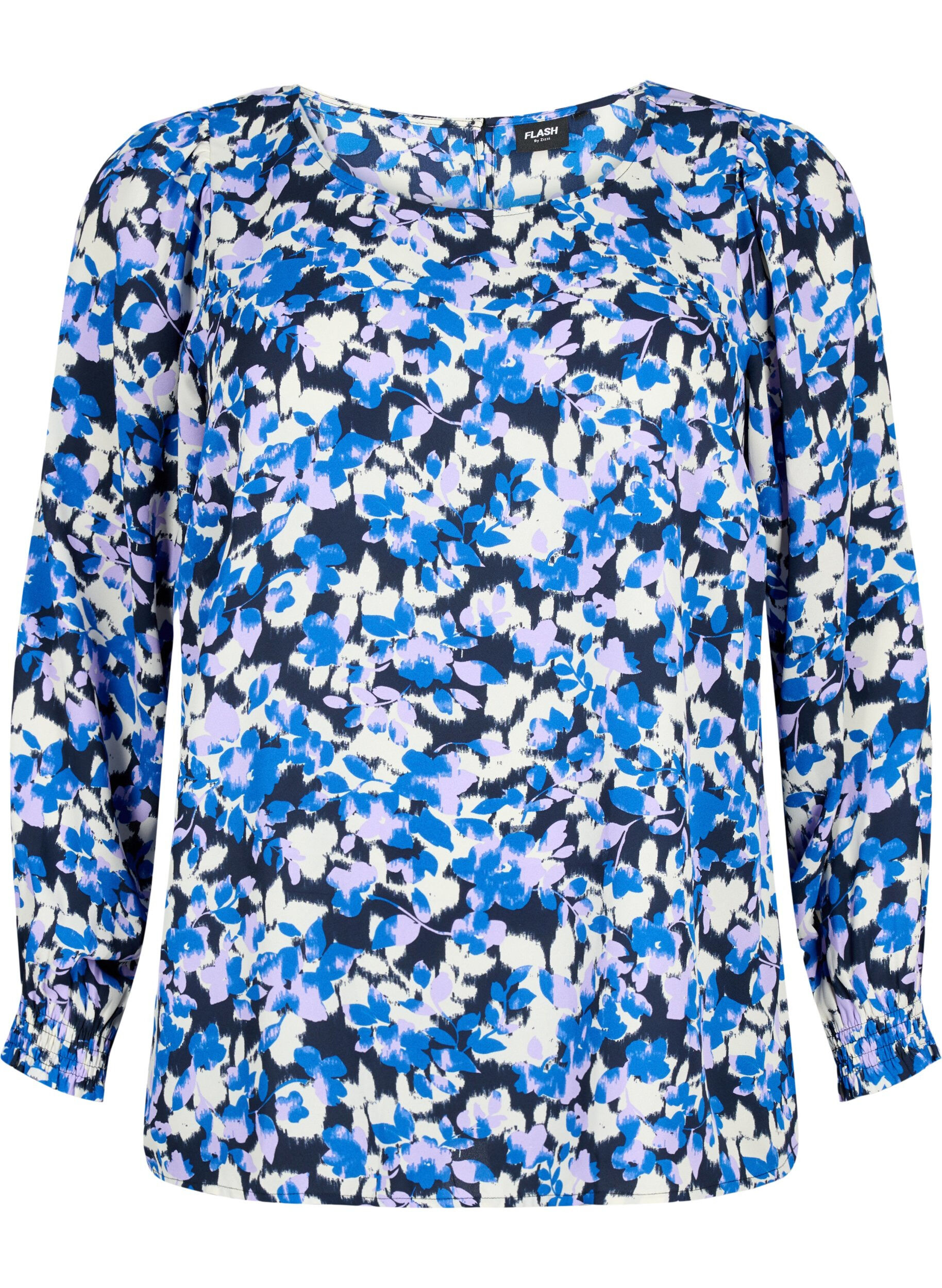 Zizzi FLASH - Blouse met lange mouwen, smok en print, Blue Purple Flower, Packshot image number 0