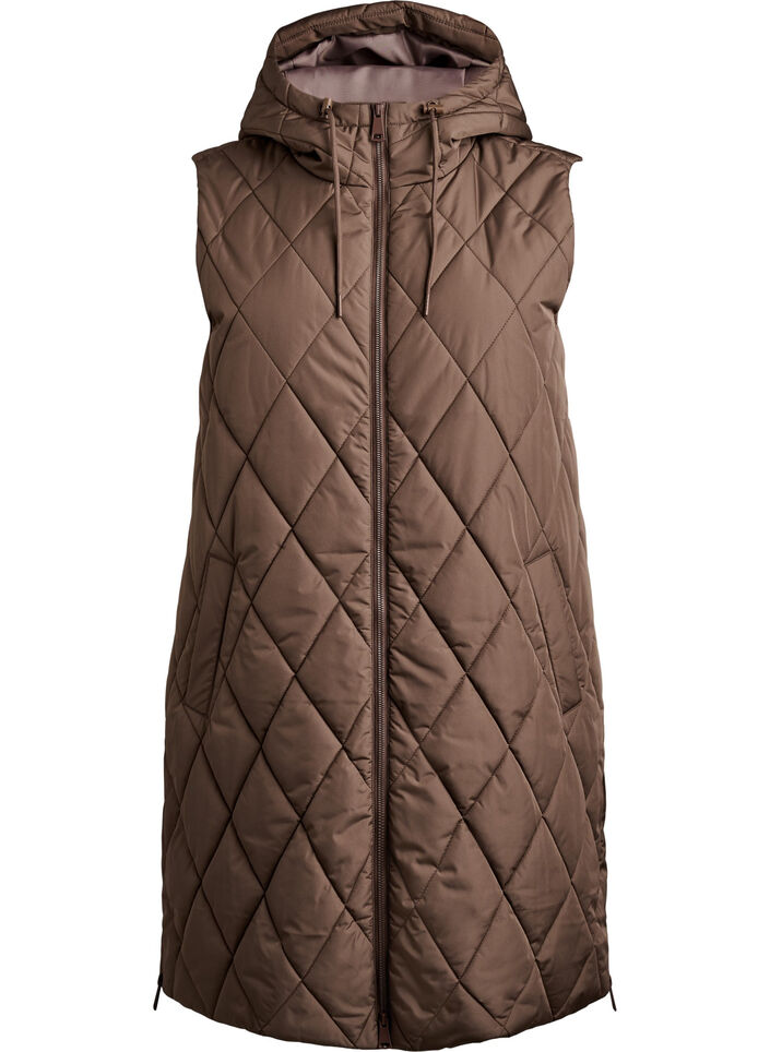 Halflang gewatteerd gilet met capuchon, Bruin, Packshot image number 0