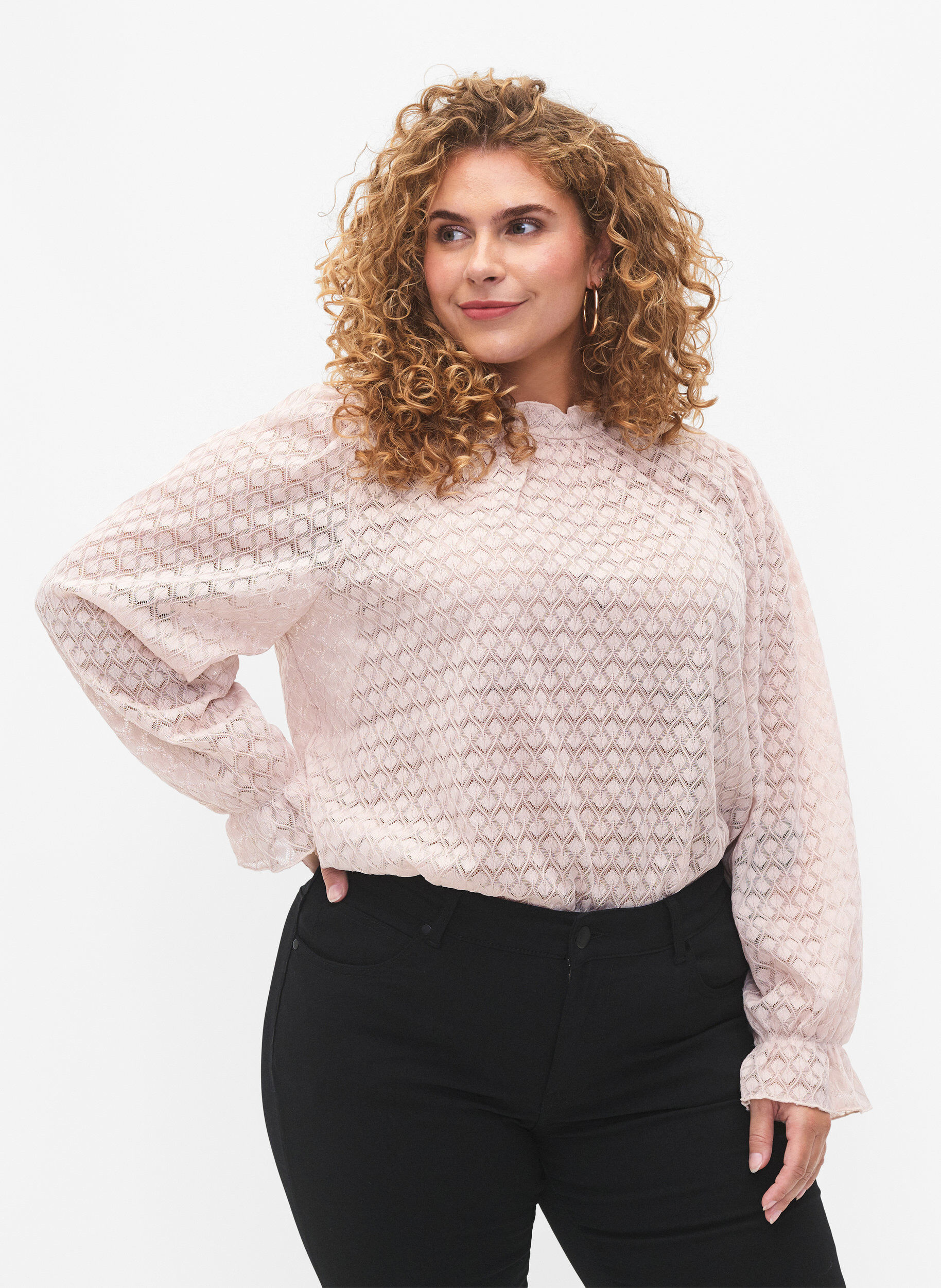 Zizzi Blouse met lange mouwen en gedessineerde textuur, Whisper Pink, Model image number 0