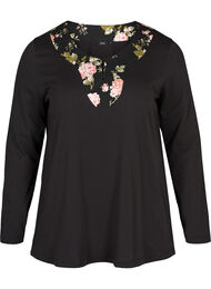 Katoenen pyjama top met lange mouwen, Black w. Flower