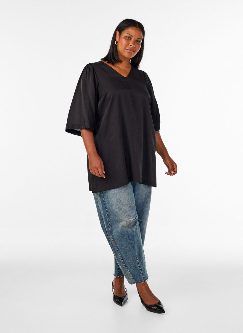 Glanzende tuniek met V-hals en 3/4 mouwen, Zwart, Model image number 1