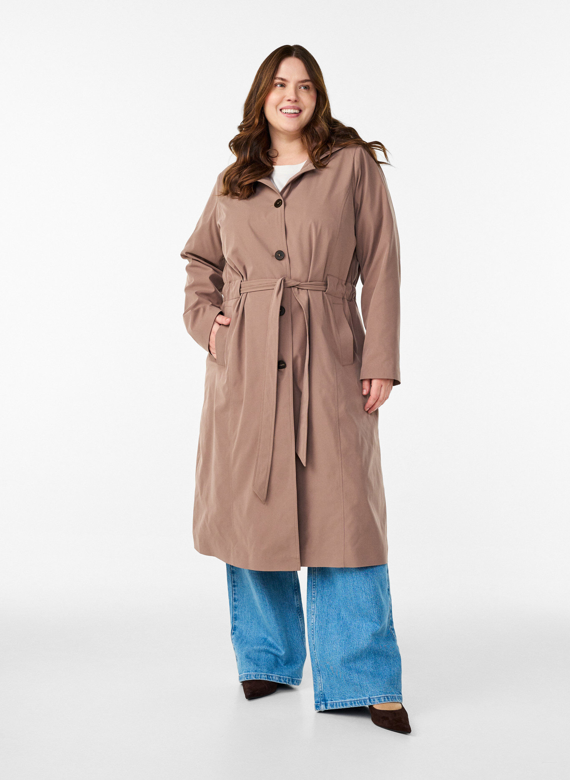 Zizzi Trenchcoat met capuchon en strikceintuur, Bruin, Model image number 1