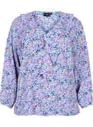 Bedrukte blouse met ruches, Purple Ditzy Flower