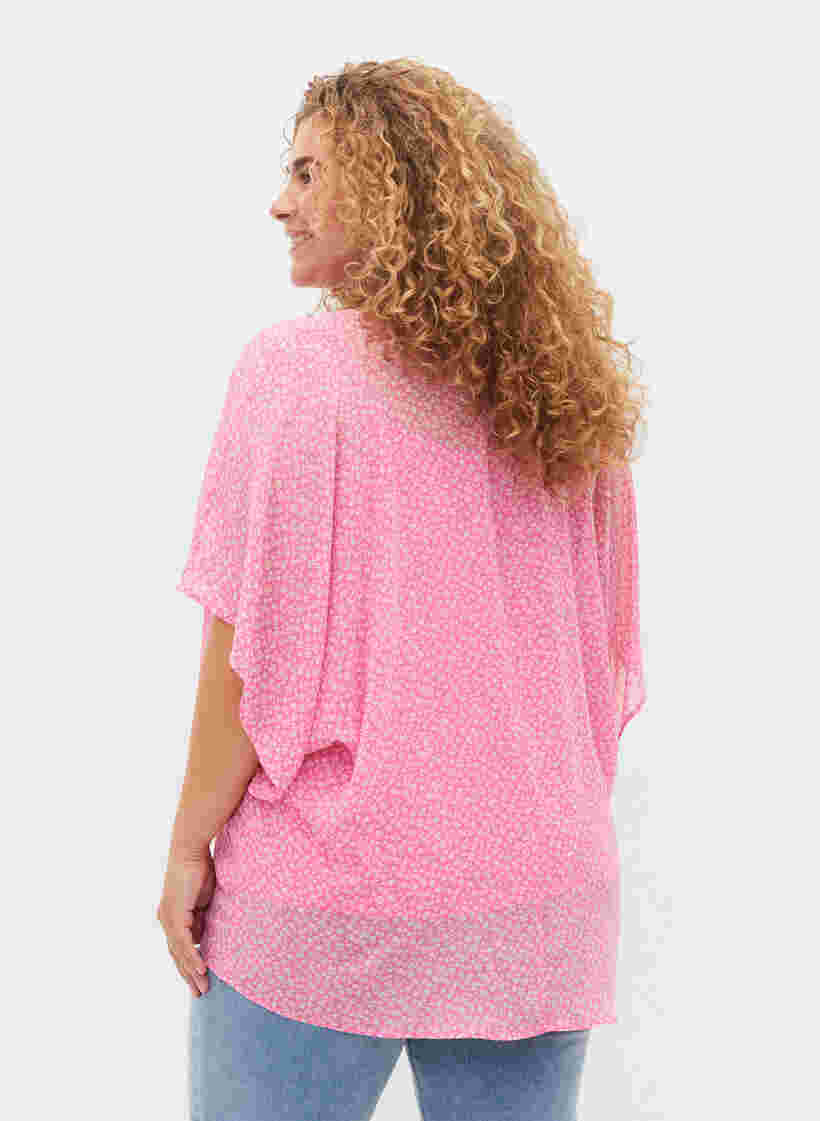 Bedrukte blouse met strikkoord en korte mouwen, Pink Ditzy Flower, Model image number 1