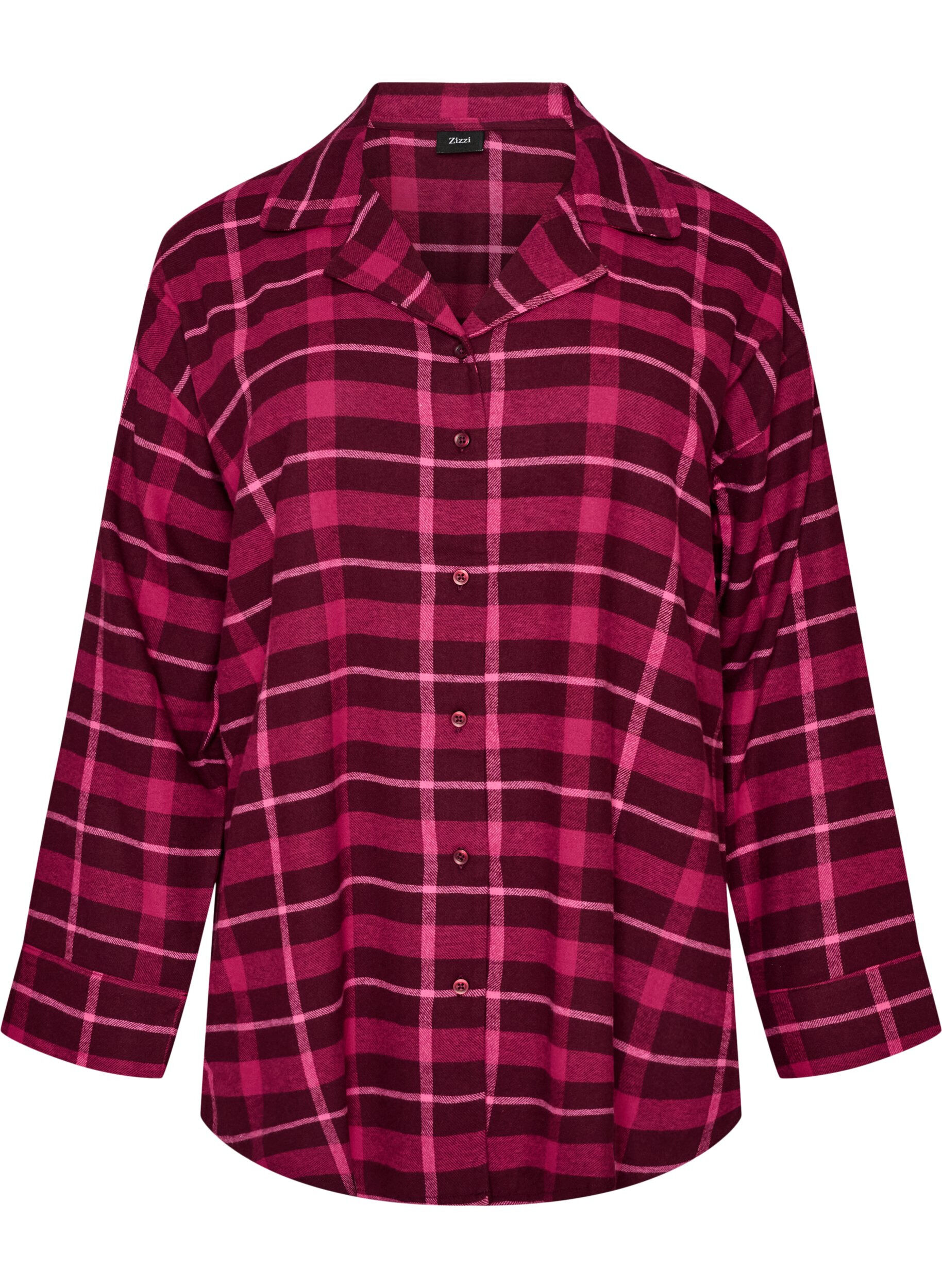 ZizziGeruite katoenen pyjamashirt met lange mouwen, Rood, Packshot image number 0