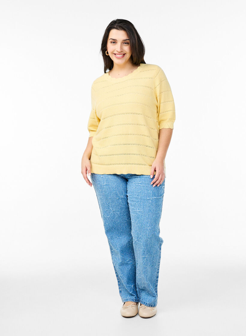 Gebreide blouse met een gestreept opengewerkt patroon en korte mouwen, Geel, Model image number 1