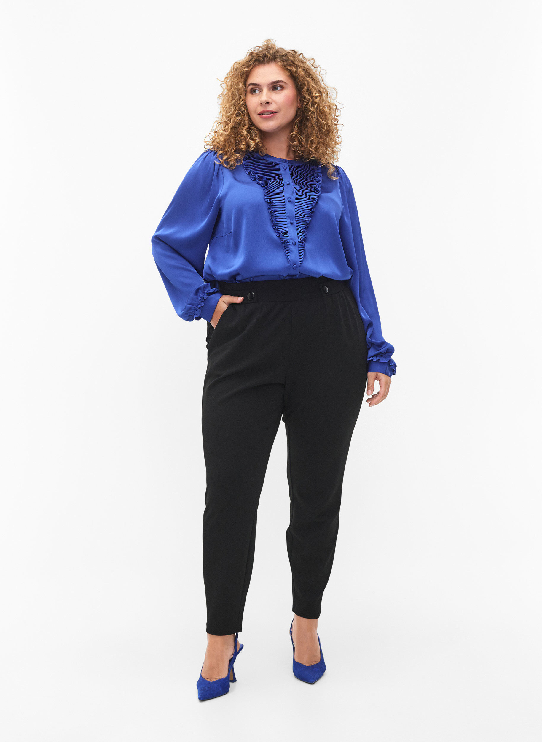 Zizzi Satijnen overhemd blouse met ruches, Deep Ultramarine, Model image number 3