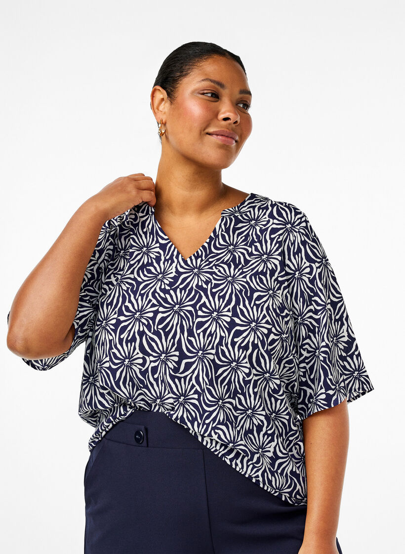  Blouse met V-hals en bloemenprint, White Blue Flower, Model image number 0