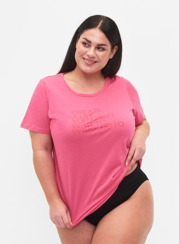 Zizzi Vrouwen Grote Maten T-shirt Katoen Ronde Hals Print Maat 42-60, Hot Pink Create, Model image number 0