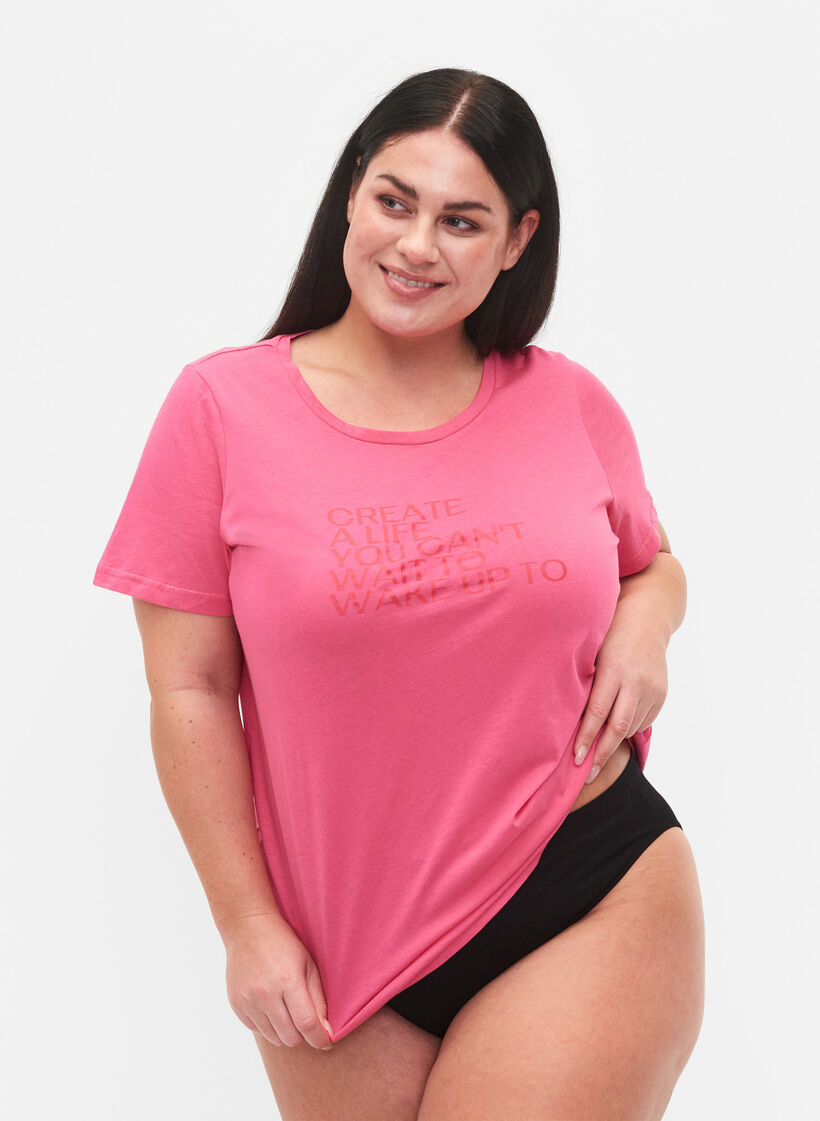 Zizzi Vrouwen Grote Maten T-shirt Katoen Ronde Hals Print Maat 42-60, Hot Pink Create, Model image number 0