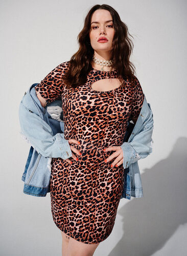 Nauwsluitende jurk met luipaardprint en een uitsnede, Leopard AOP, Image image number 0