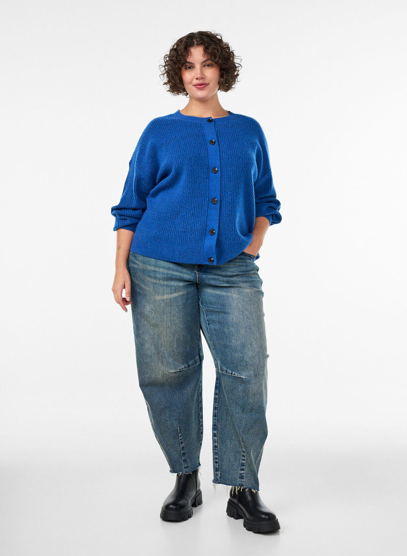 Geribde cardigan met knopen, Blauw, Model image number 1