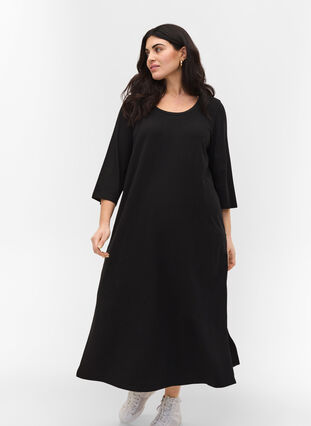 Katoenen midi-jurk met split, Black, Model image number 2